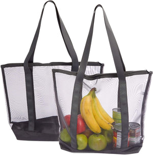 Mesh Tote Bags with Zipper for Grocery Shopping, Beach (Black, Large, 2 Pack)