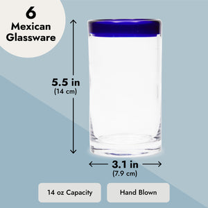 Set of 6 Blue Rim Mexican Glassware, 14 oz Cobalt Hand Blown Drinking Glasses