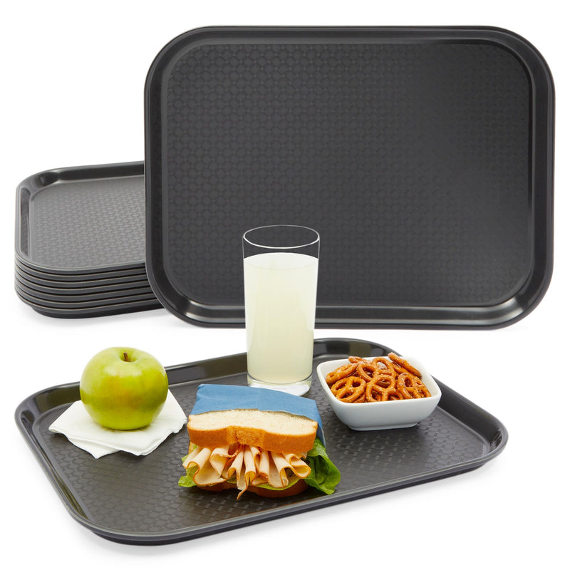 8 Pack Black Plastic Serving Tray, Nonslip for Cafeteria, School Lunch, Fast Food, Restaurant (12 x 16 In, Black)